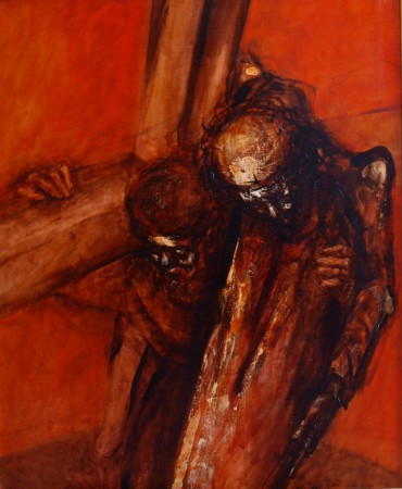 Šimon z Cyrény pomáha Pánu Ježišovi kríž niesť, olej na plátne, 2009, 75x95cm